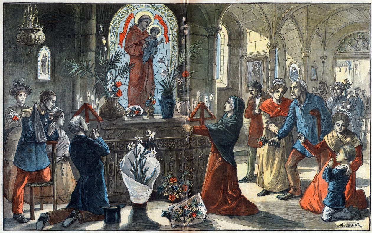 对帕多瓦的圣安东尼（San Antonio di Padova）的献身精神使社会各阶层在他的祭坛前团聚--Achille Lemot在1896年的《Le-Pelerin》中的插图。 作者 阿基里·莱莫特（Achille Lemot）