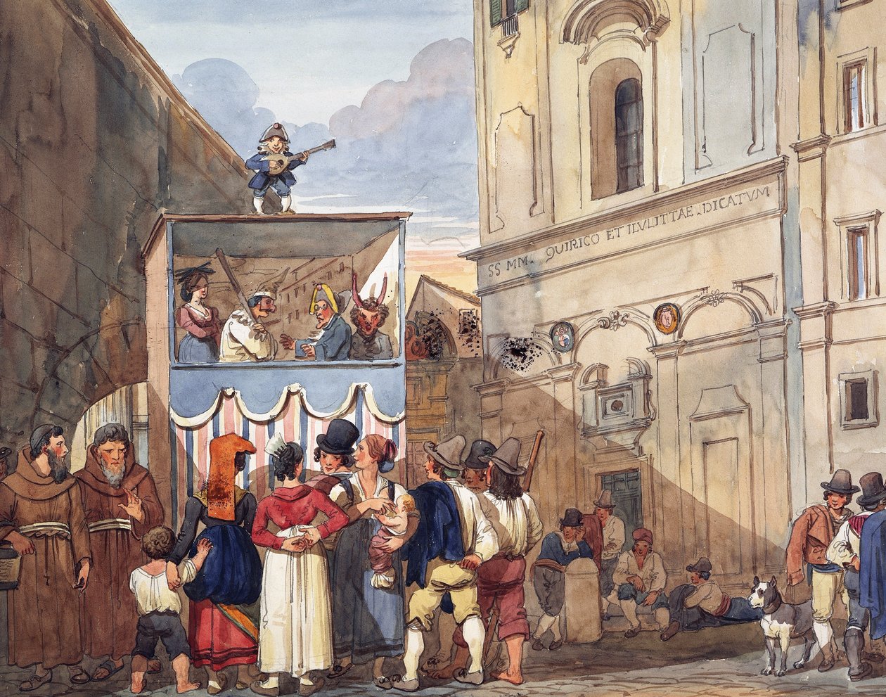 罗马圣基里科和朱迪塔教堂的木偶剧院，作者 Achille Pinelli (1809-1841)，水彩，细节，意大利 作者 阿基里·皮涅利（Achille Pinelli）