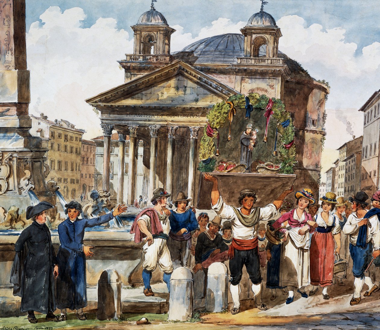 罗马万神殿草莓节，意大利水彩画家 Achille Pinelli（1809-1841） 作者 阿基里·皮涅利（Achille Pinelli）