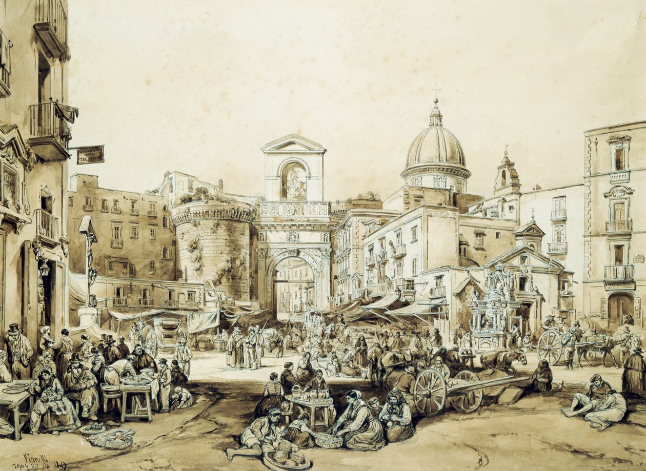 那不勒斯的卡普阿纳门 (Porta Capuana)，阿奇尔·维亚内利 (Achille Vianelli)（1803-1894）创作，棕褐色，43x60.5 厘米 作者 阿奇里·维亚尼（Achille Vianelli）