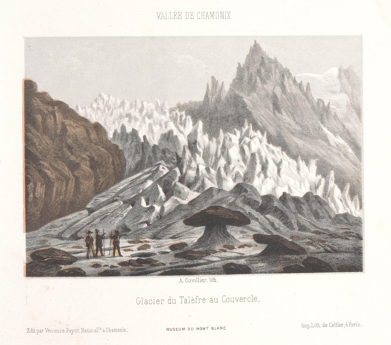 Zicht op de Couvercle-steen bij de Talèfre-gletsjer
库弗勒的塔雷弗尔冰川（物体上的标题）
勃朗峰霞慕尼（系列标题）
布朗山博物馆（文物上的系列名称） 作者 广告。居维利埃