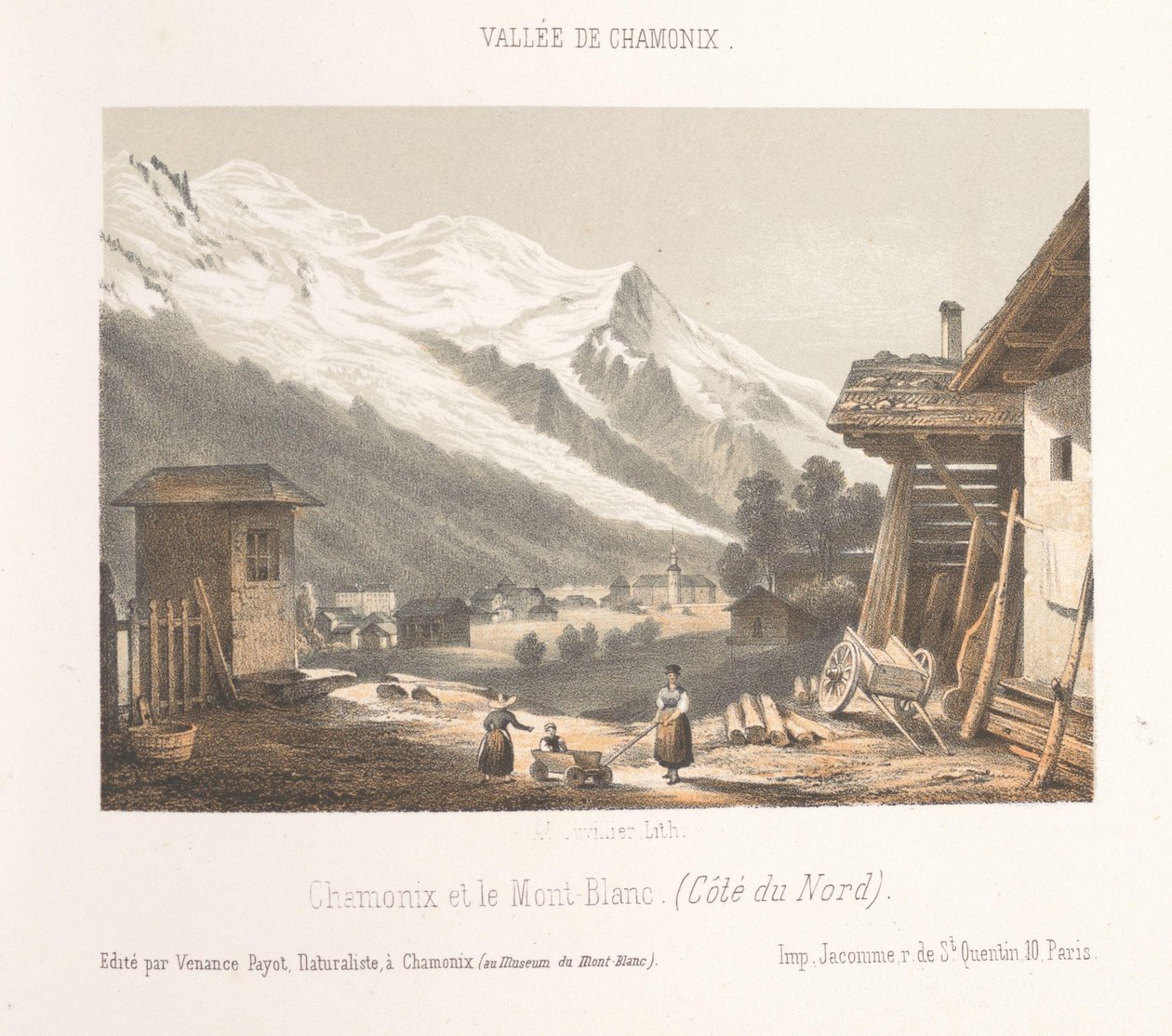 Zicht op de vallei van Chamonix van van van vaaf de pas Les Montées
霞慕尼山谷的入口（物品上的标题）
Herinnering aan Chamonix-Mont-Blanc（系列标题）
布朗山博物馆（文物上的系列名称） 作者 广告。居维利埃