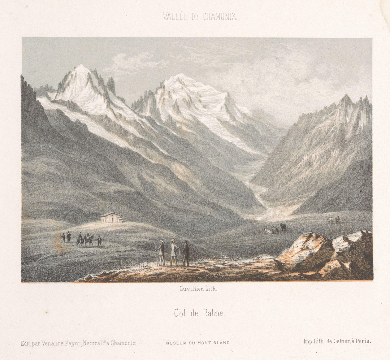 Zicht op het dorp Les Planards op de weg naar Montenvers Les Planaz, chemin du Montanvert (title on object) Herinnering aan Chamonix-Mont-Blanc (series title) Museum du Mont-Blanc (series title) 作者 广告。居维利埃