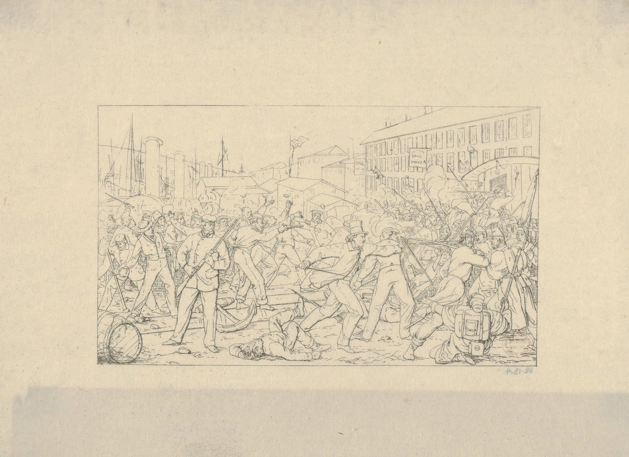 巴尔的摩之战，1861年4月19日，来自1861-63年南方战争版画。 作者 阿达尔伯特·约翰·沃尔克