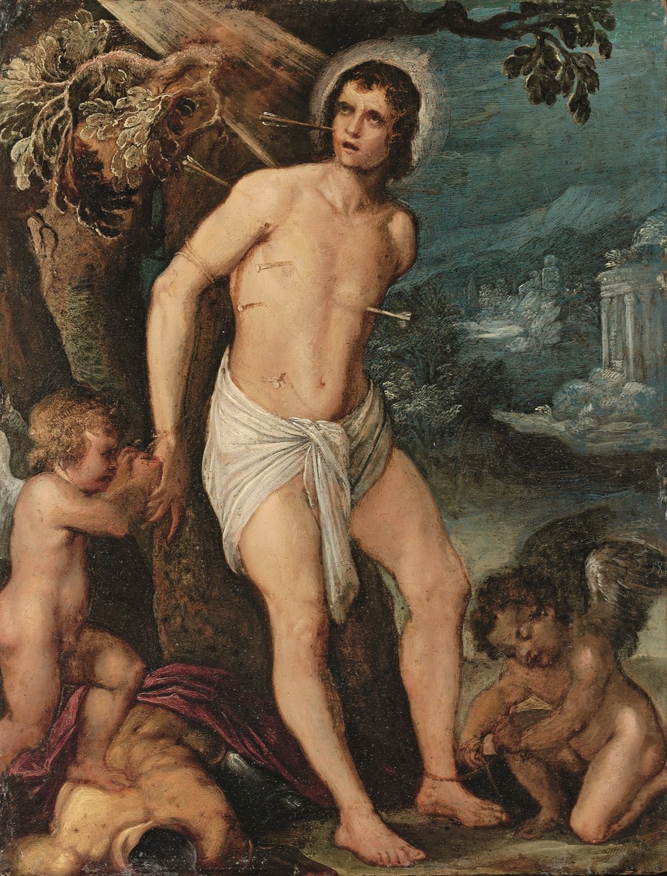 圣塞巴斯蒂安有天使陪伴（铜版油画） 作者 亚当 (圈子) Elsheimer