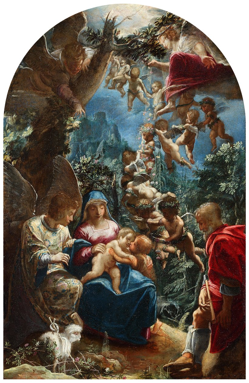 意大利语：Sacra famiglia con san giovannino e un angelo神圣家庭与施洗约翰婴儿和天使 作者 亚当·埃尔斯海默