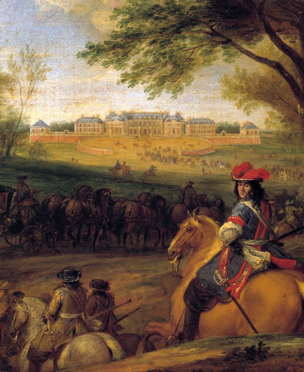 国王路易十四（1638-1715）抵达时，保镖在1669年凡尔赛旧城堡的景象前行 画家：亚当-弗朗茨-范德默伦（1632-1690） 1669年左右，太阳。0,56x0,56米 作者 亚当·弗兰斯·范·德·穆伦