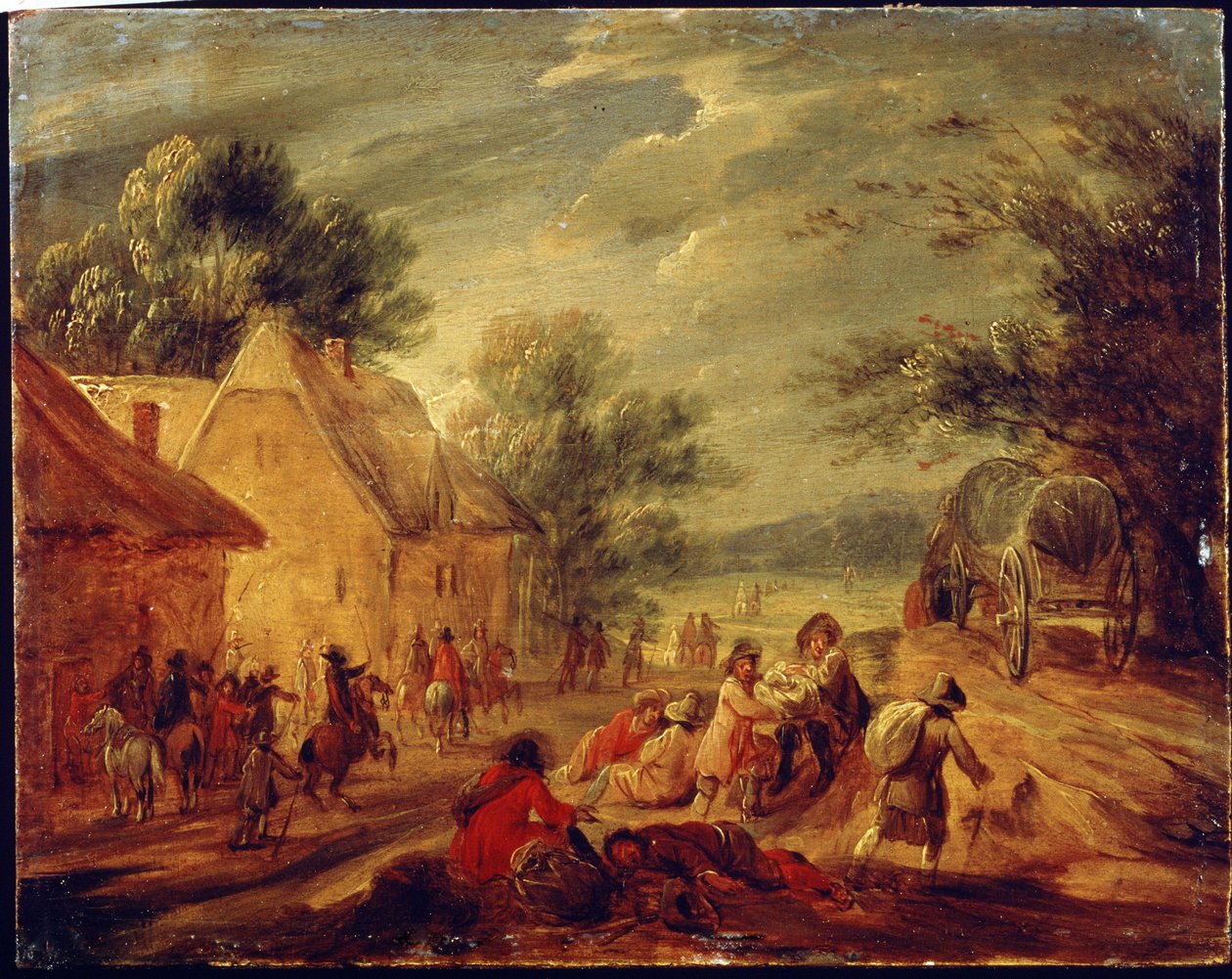 骑兵攻击一个小村庄（骑兵攻击一个哈姆雷特）。 Adam Frans van der Meulen（1632-1690）的绘画。 木头上的油。 佛兰德斯艺术，巴洛克风格。 莫斯科普希金美术博物馆。 作者 亚当·弗兰斯·范·德·穆伦