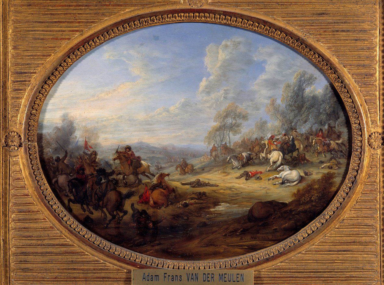 骑兵冲击 路易十四统治下的一场战斗。 Adam Van der Meulen (1632-1690) 作画 0,2x0,27 m 作者 亚当·弗兰斯·范·德·穆伦