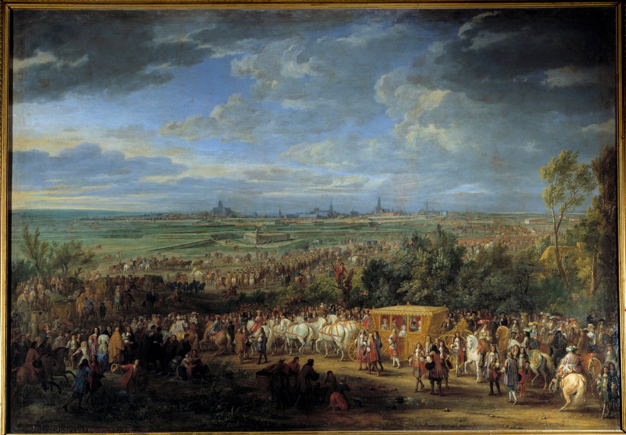 1667 年 7 月 30 日，路易十四国王和玛丽·特蕾莎王后在阿拉斯“”绘画，亚当·范德梅伦 (1632-1690) 17 世纪太阳。 2.32 x 3.31 米 作者 亚当·弗兰斯·范·德·穆伦