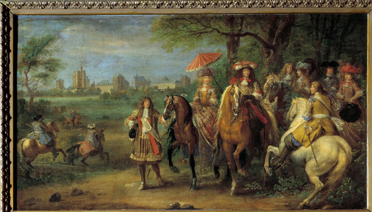 1669 年，国王路易十四 (1638-1715) 和奥地利王后玛丽-特蕾莎 (1638-1683) 在万森城堡前散步。亚当·弗兰斯·范德梅伦 (Adam Frans Van der Meulen) 的绘画 (1632-1690) 作者 亚当·弗兰斯·范·德·穆伦