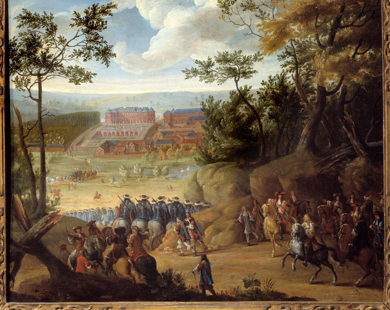 1664 年，法国国王路易十四（1638-1715）和一队火枪手在凡尔赛宫的景色。 Adams Frans Van der Meulen (1632-1690) 的绘画 作者 亚当·弗兰斯·范·德·穆伦