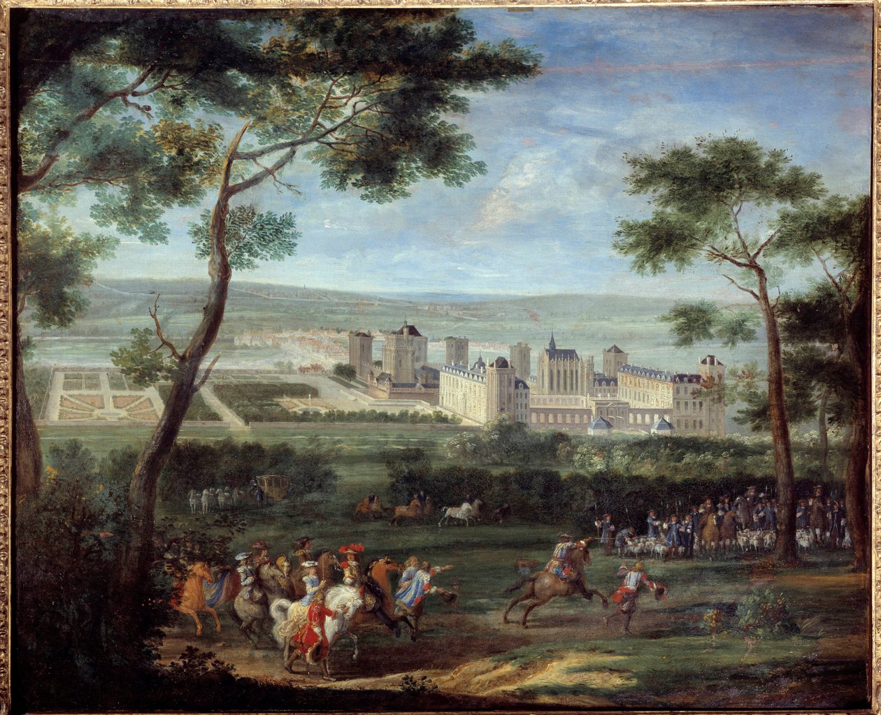 1660 年左右万森城堡的景色：法国国王路易十四 (1638-1715) 和奥地利的玛丽-特蕾莎 (1638-1683) 在前景中由 Adam Van Der Meulen (1632-1690) 1660 Dim 绘制。 1,10 x 1,35 m 巴黎，Musee Carnavalet 作者 亚当·弗兰斯·范·德·穆伦