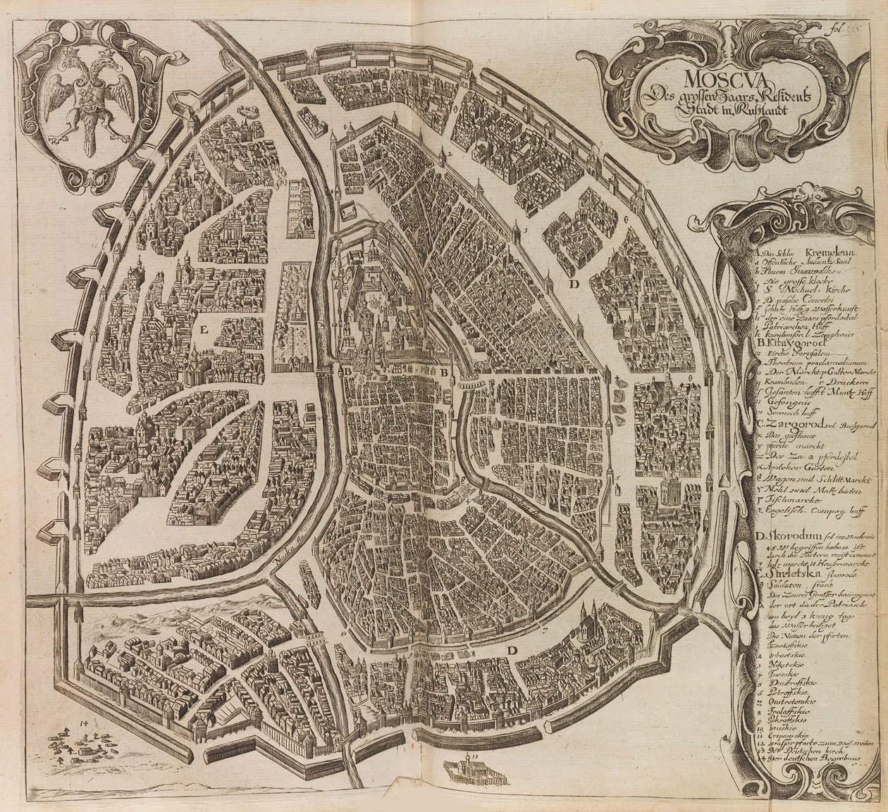 莫斯科的地图。出自：Vermehrte Newe Beschreibung der Muscowitischen..., 1656. 作者 亚当·奥莱留斯