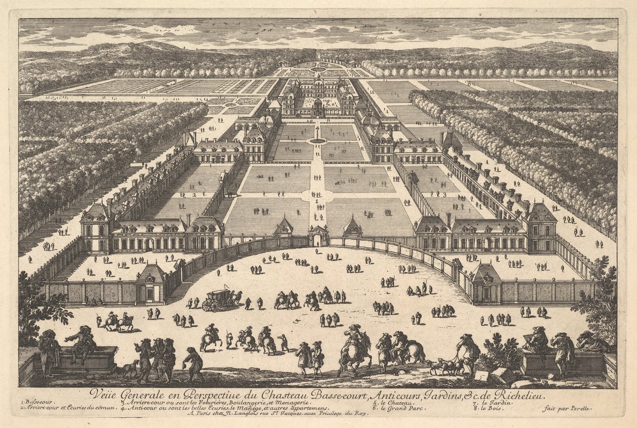 Veüe generale en Perspective du Château Bassecourt, Anticours, Jardins, &c. de Ric..., 17世纪。 作者 亚当·佩雷尔