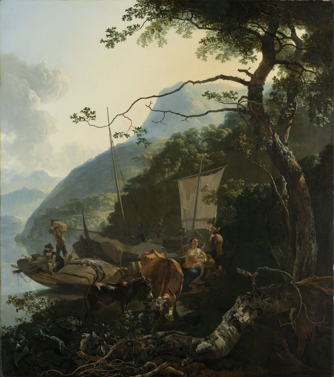 船员停泊在意大利湖的岸边，1650-70 作者 亚当·皮纳克（Adam Pynacker）