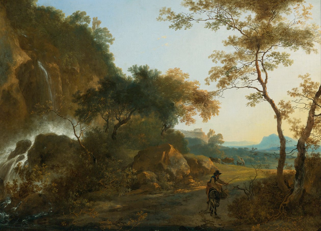 意大利式风景，瀑布边的小路上有一位旅行者 作者 亚当·皮纳克（Adam Pynacker）