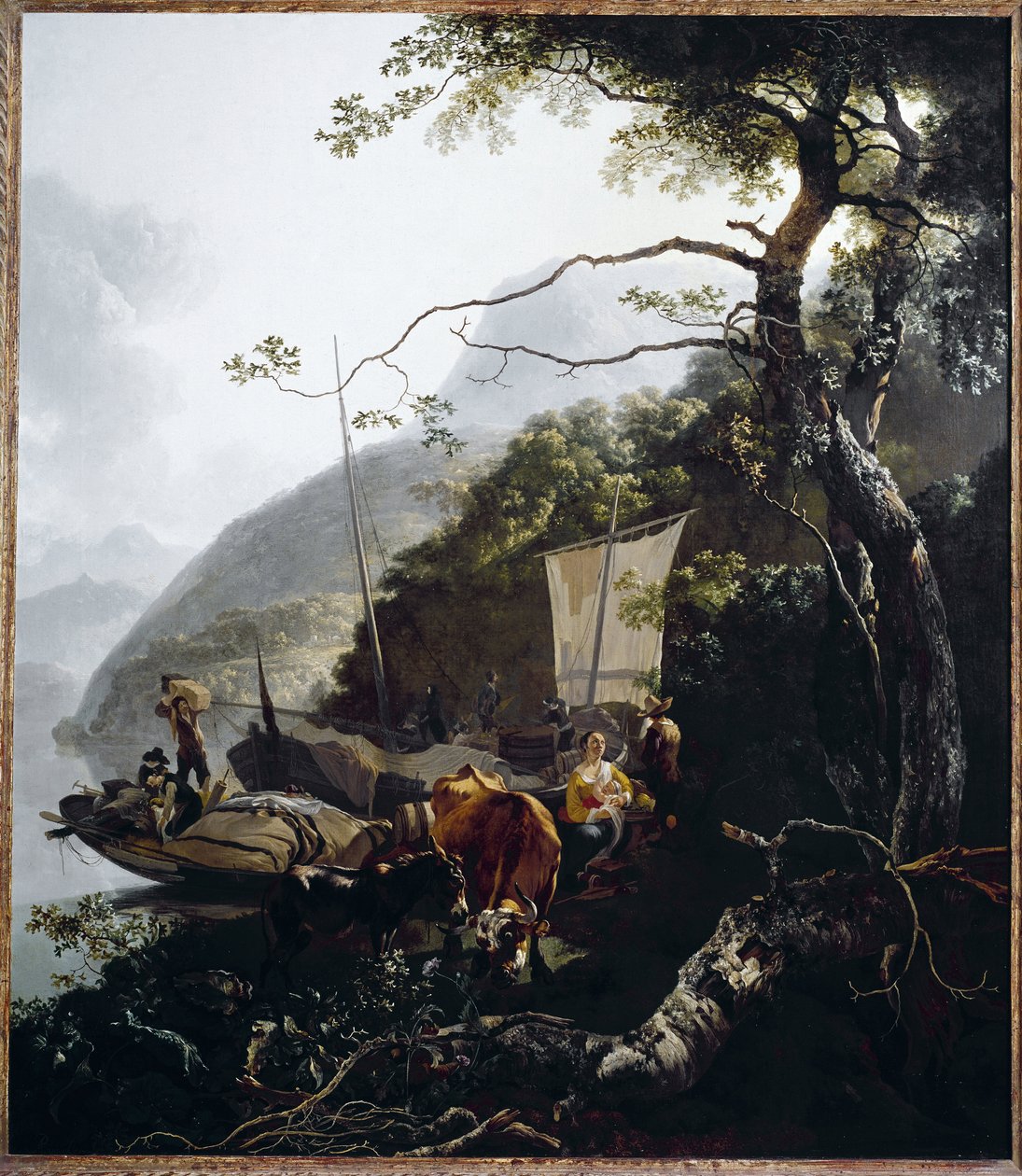 停泊在湖滩上的帆船，约 1660 年（布面油画） 作者 亚当·皮纳克（Adam Pynacker）