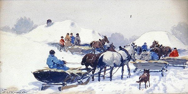 乡村的冬天（纸上水彩和铅笔画） 作者 亚当·塞特凯维奇