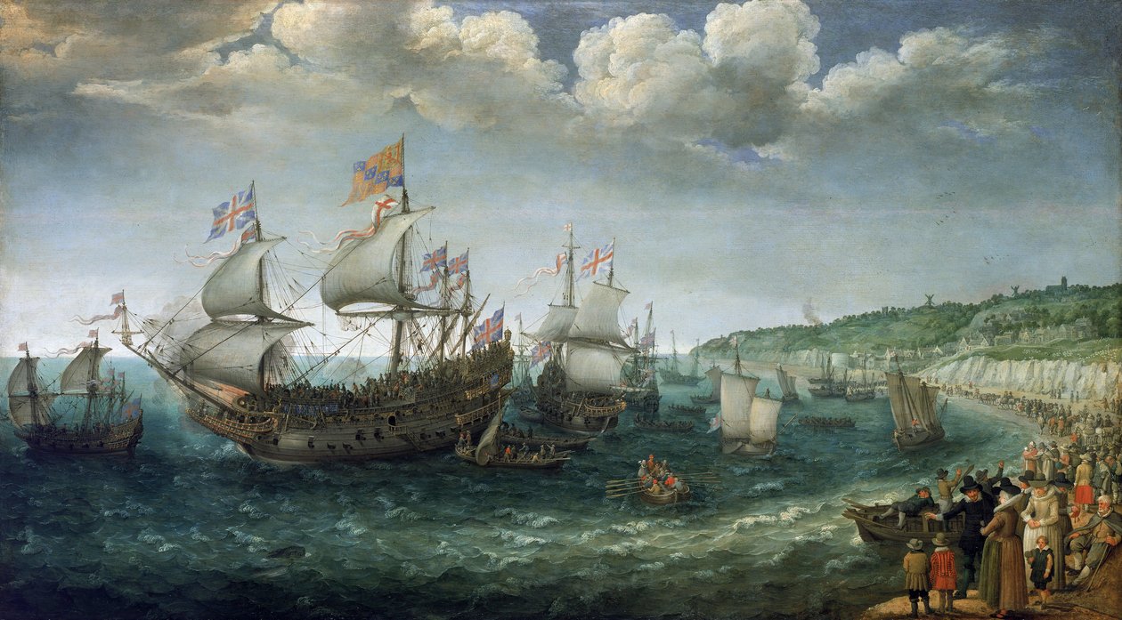 4 月 25 日，普法尔茨选帝侯维特尔斯巴赫的腓特烈一世（1596-1632 年）（后成为波希米亚国王）乘坐 "皇家王子 "号轮船在英国多佛尔登船。 作者 亚当·威拉特斯