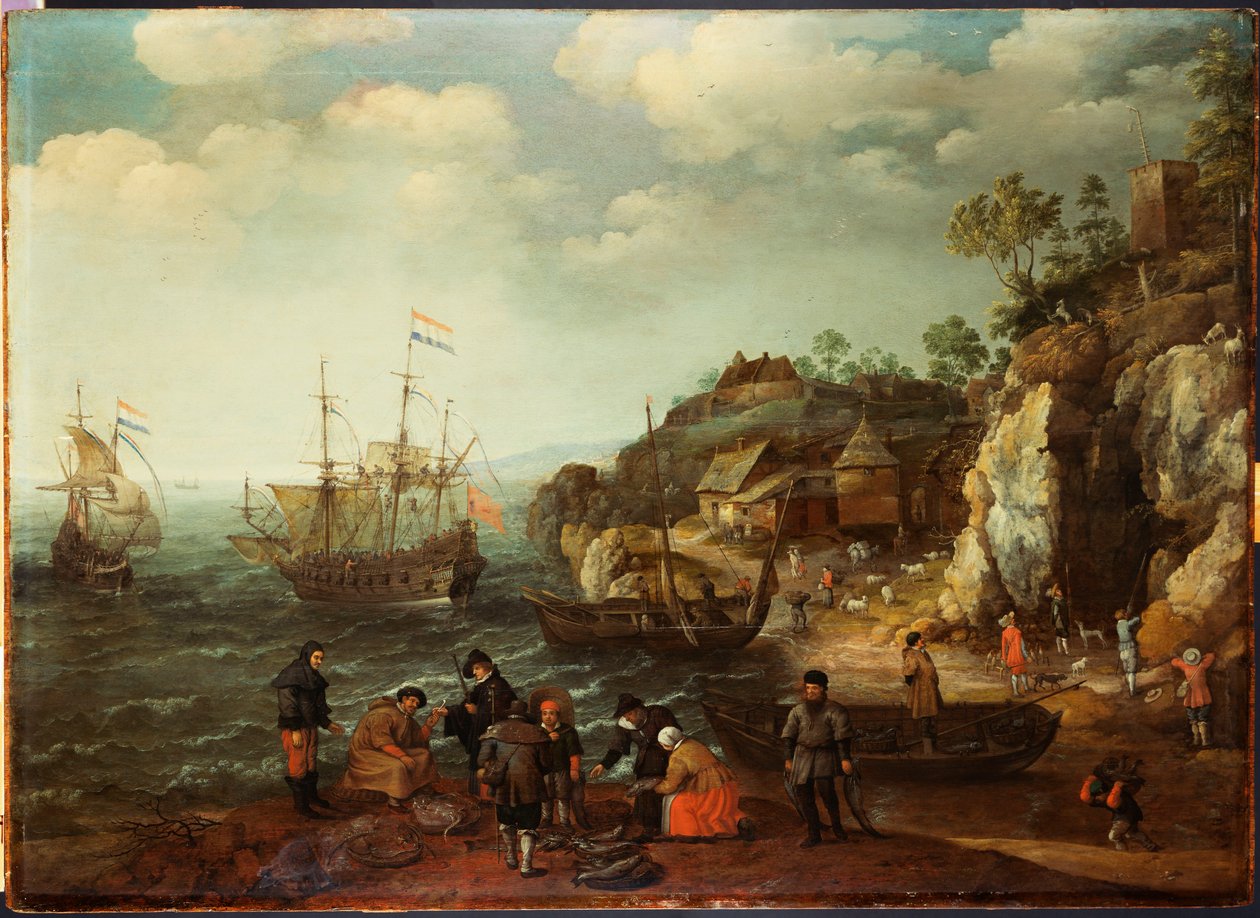 沿海场景，渔民和猎人在岸上，1626年 作者 亚当·威拉特斯