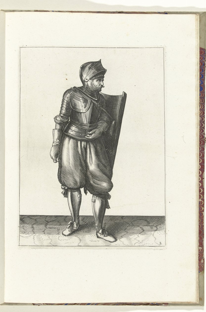 使用长矛和剑的练习：士兵从背后将长矛举过左肩（第 2 号），1618 年
De Nassausche Wapen-Handelinge, van Schilt, Spies, Rappier ende Targe : beyde figuerlick afgebebeelt, ende gestelt na de neuwe ordening [van] (... 作者 亚当·范·布雷恩