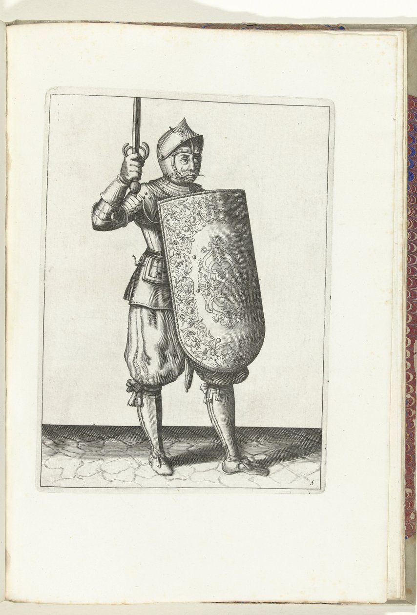 使用短剑和长剑的练习：士兵将拔出的长剑举过脸部（第 5 号），1618 年
De Nassausche Wapen-Handelinge, van Schilt, Spies, Rappier ende Targe : beyde figuerlick afgebebeelt, ende gestelt na de neuwe ordening [of] (第 5 号)，1618 年。 作者 亚当·范·布雷恩