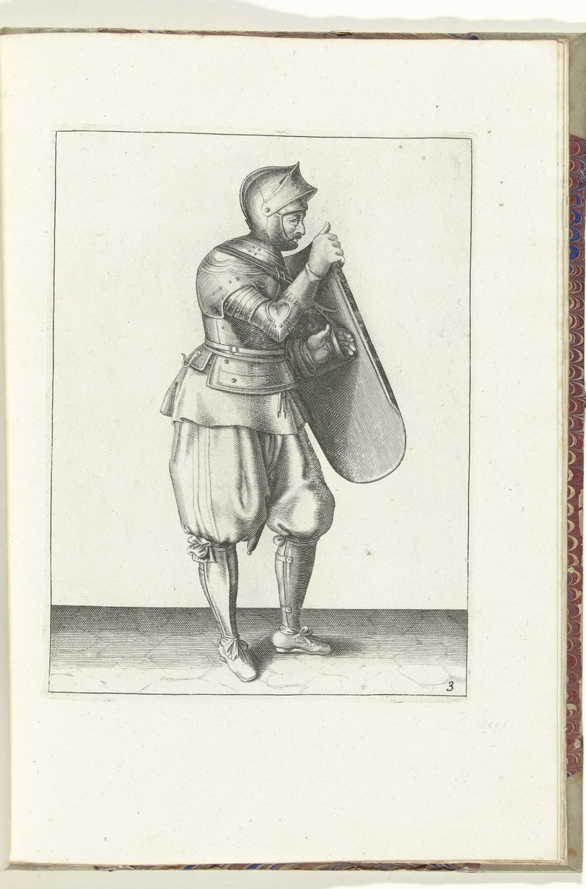 矛与剑的练习：士兵右手持矛，左手抓腰带（第 3 号），1618 年
De Nassausche Wapen-Handelinge, van Schilt, Spies, Rappier ende Targe : beyde figuerlick afgebebeelt, ende gestelt na de 作者 亚当·范·布雷恩