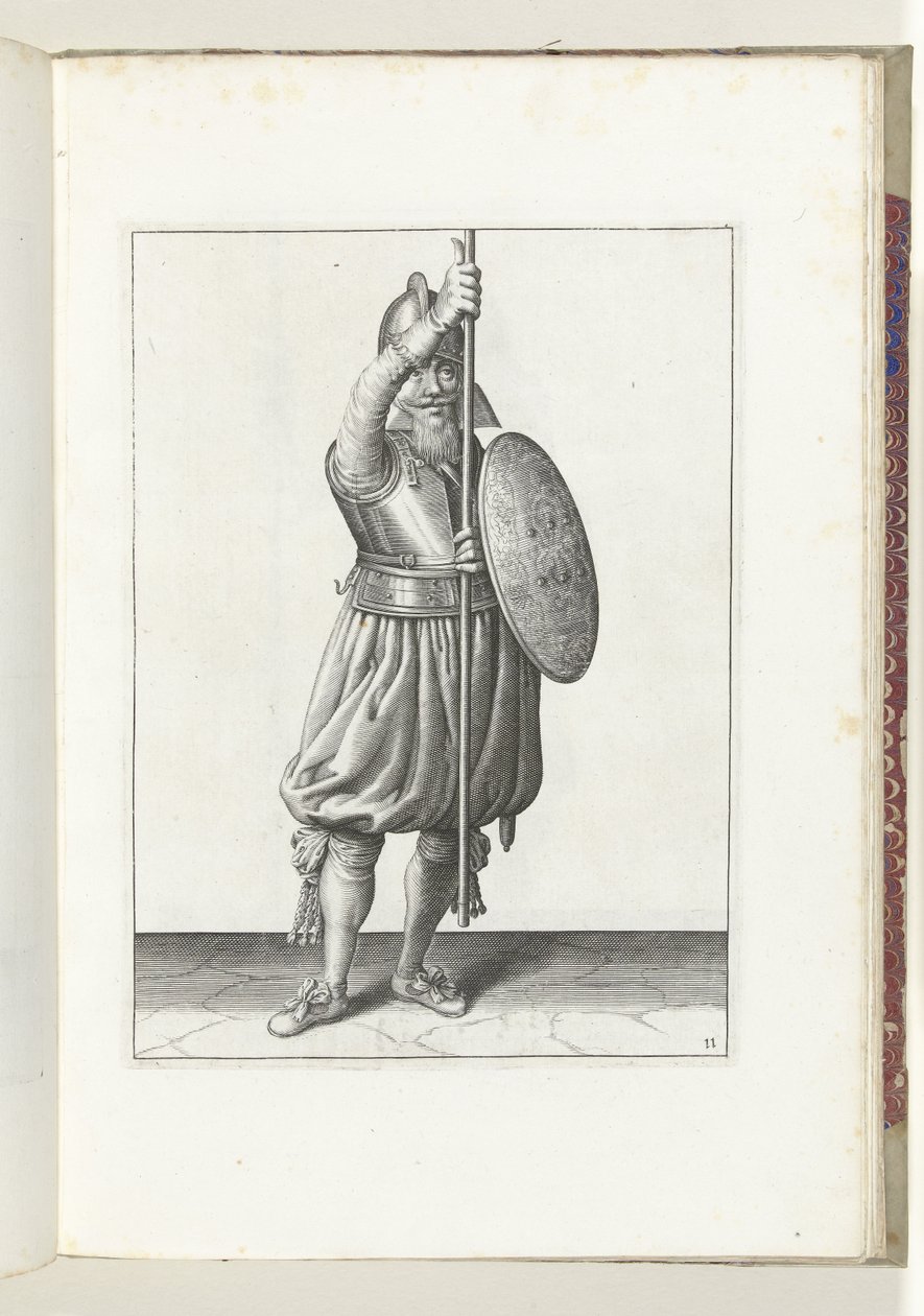 盾与矛的练习：士兵分三次将矛归位，第二乐章（第 11 号），1618 年
De Nassausche Wapen-Handelinge, van Schilt, Spies, Rappier ende Targe : beyde figuerlick afgebebeelt, ende gestelt na de 作者 亚当·范·布雷恩