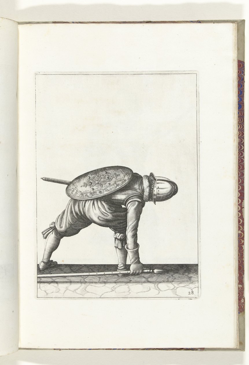 盾与矛的练习：士兵弯腰拾起长矛（第 28 号），1618 年
De Nassausche Wapen-Handelinge, van Schilt, Spies, Rappier ende Targe : beyde figuerlick afgebebeelt, ende gestelt na de neuwe ordening [van] (...) Maurits van Nassau (t) 作者 亚当·范·布雷恩