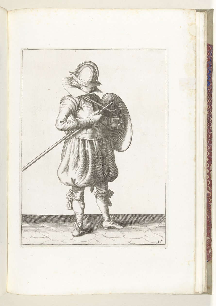 盾与矛的练习：士兵紧握矛与盾（第 15 号），1618 年
De Nassausche Wapen-Handelinge, van Schilt, Spies, Rappier ende Targe : beyde figuerlick afgebebeelt, ende gestelt na de neuwe ordening [van] (...) Maurit 作者 亚当·范·布雷恩