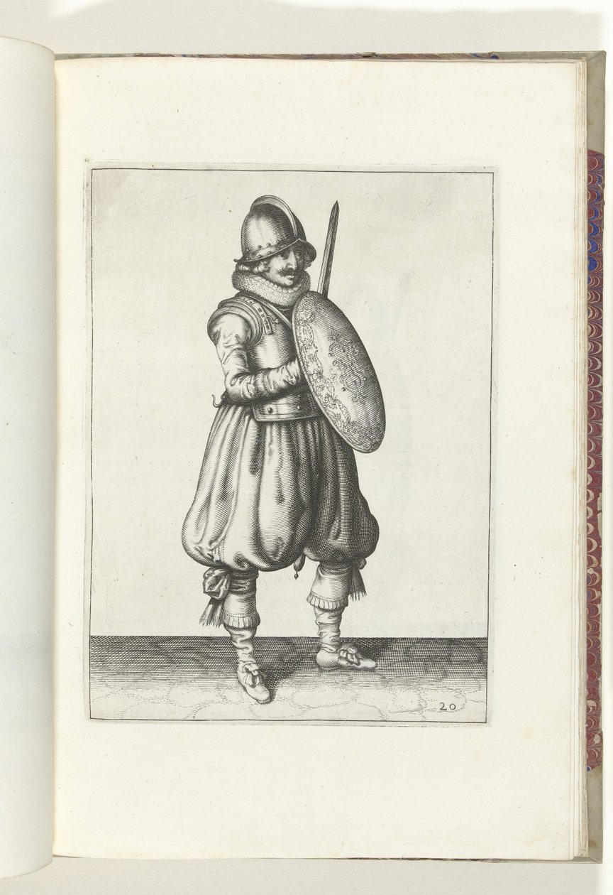 盾与矛的练习：胸前持剑与盾的士兵姿态（第 20 号），1618 年
De Nassausche Wapen-Handelinge, van Schilt, Spies, Rappier ende Targe : beyde figuerlick afgebebeelt, ende gestelt na de nieuwe ordening [van] （. 作者 亚当·范·布雷恩