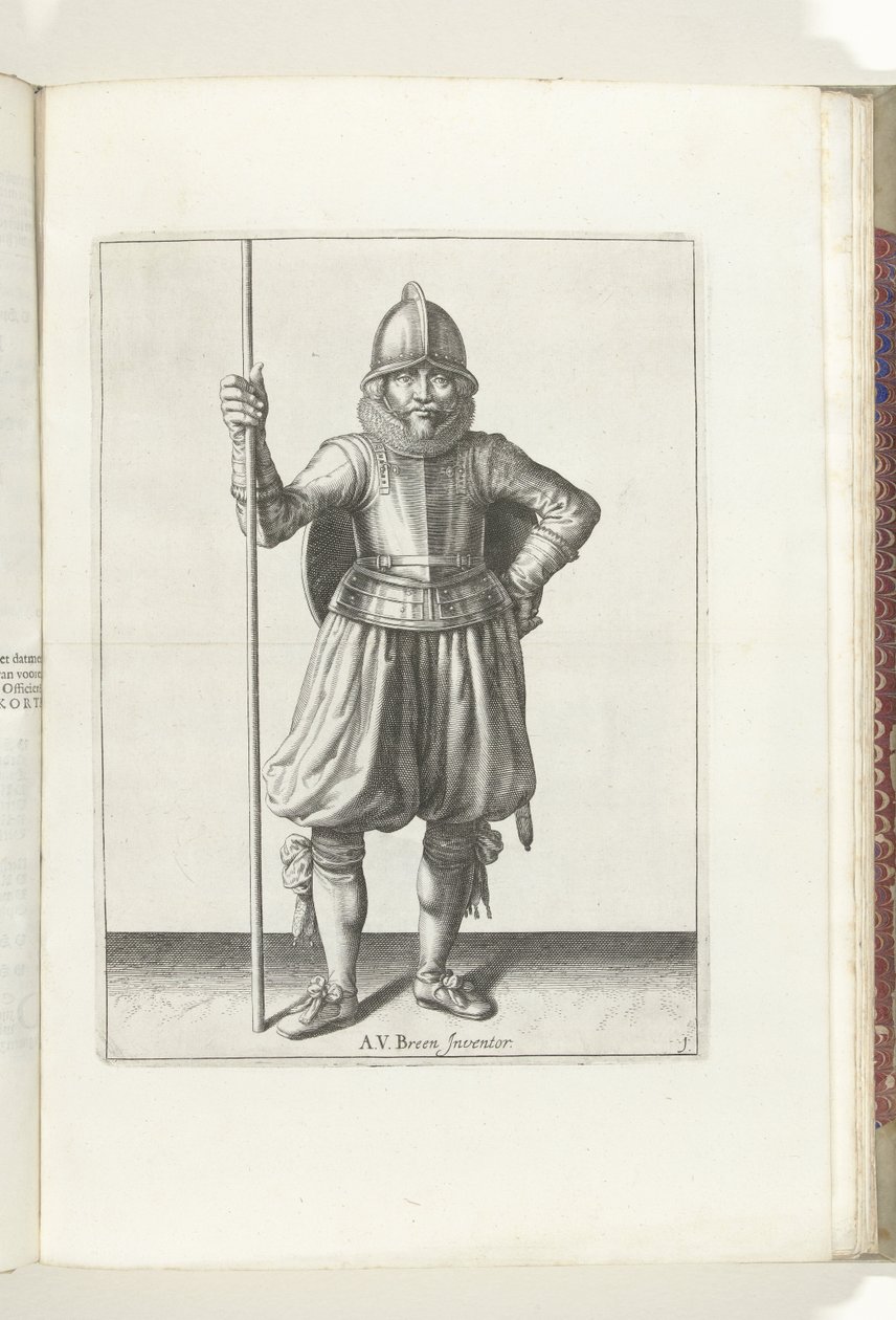 盾与矛的练习：手持长矛、背负盾牌的士兵在休息（第 1 号），1618 年
De Nassausche Wapen-Handelinge, van Schilt, Spies, Rappier ende Targe : beyde figuerlick afgebebeelt, ende gestelt na de newuwe ordening [van] ( 作者 亚当·范·布雷恩