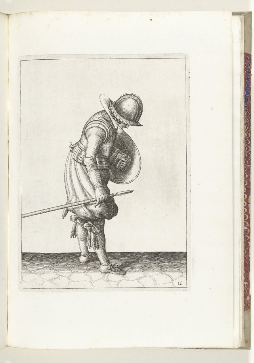 盾与矛的练习：士兵将矛放在右脚旁的地上（第 16 号），1618 年
De Nassausche Wapen-Handelinge, van Schilt, Spies, Rappier ende Targe : beyde figuerlick afgebebeelt, ende gestelt na de neuwe ordening [van] (...) M 作者 亚当·范·布雷恩