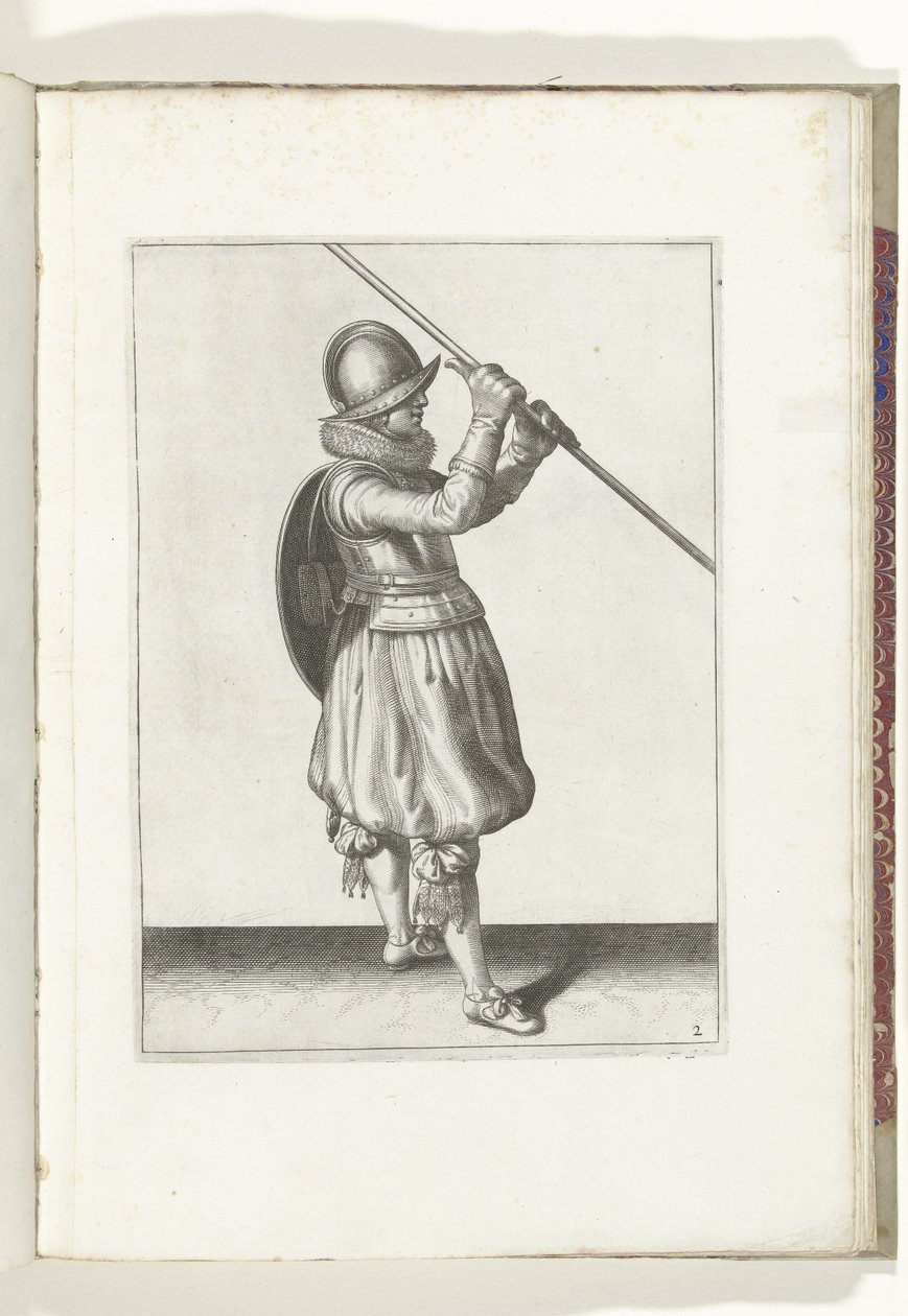 盾与矛的练习：双手斜握长矛、背负盾牌的士兵（第 2 号），1618 年
De Nassausche Wapen-Handelinge, van Schilt, Spies, Rappier ende Targe : beyde figuerlick afgebebeelt, ende gestelt na de neuwe ordening [va 作者 亚当·范·布雷恩