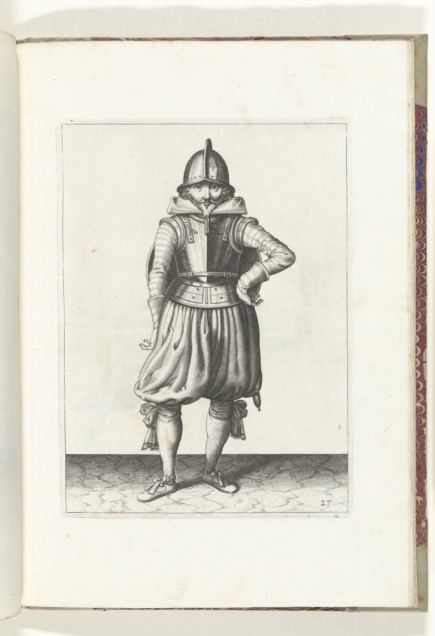 盾与矛的练习：背着盾牌休息的士兵（第 27 号），1618 年
De Nassausche Wapen-Handelinge, van Schilt, Spies, Rappier ende Targe : beyde figuerlick afgebebeelt, ende gestelt na de neuwe ordening [van] (...) Maurits v 作者 亚当·范·布雷恩