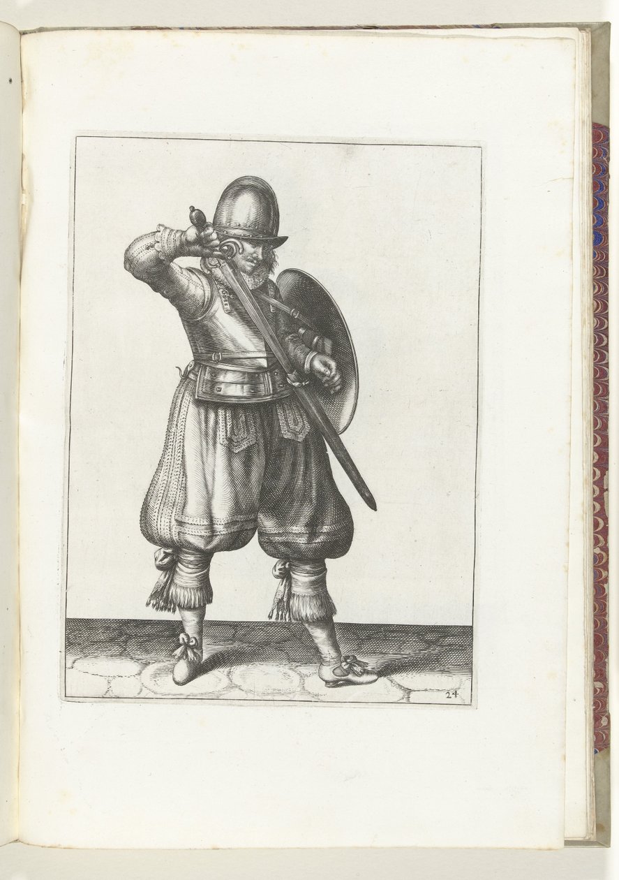 使用盾牌和长矛的练习：士兵将剑插回剑鞘（第 24 号），1618 年
De Nassausche Wapen-Handelinge, van Schilt, Spies, Rappier ende Targe : beyde figuerlick afgebebeelt, ende gestelt na de neuwe ordening [van] (...) Maurits van 作者 亚当·范·布雷恩