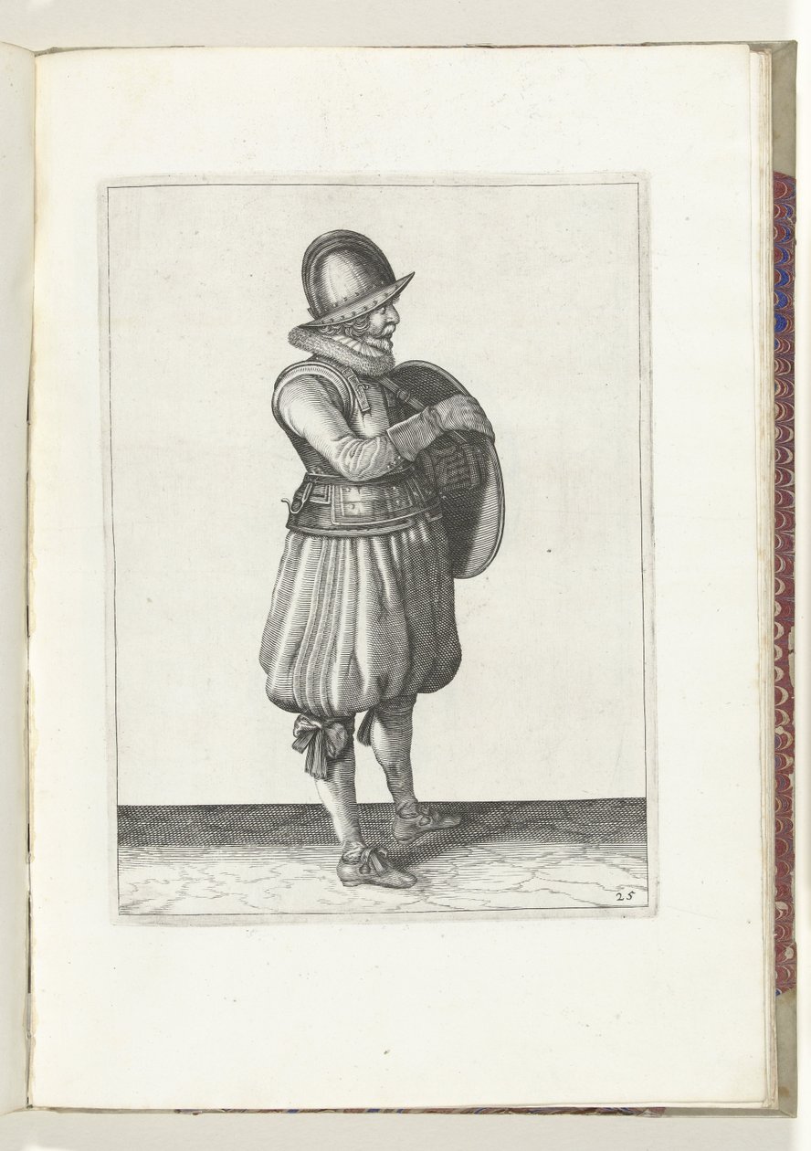 盾与矛的练习：士兵从盾带中抽出手臂（第 25 号），1618 年
De Nassausche Wapen-Handelinge, van Schilt, Spies, Rappier ende Targe : beyde figuerlick afgebebeelt, ende gestelt na de neuwe ordening [van] (...) Maurits 作者 亚当·范·布雷恩