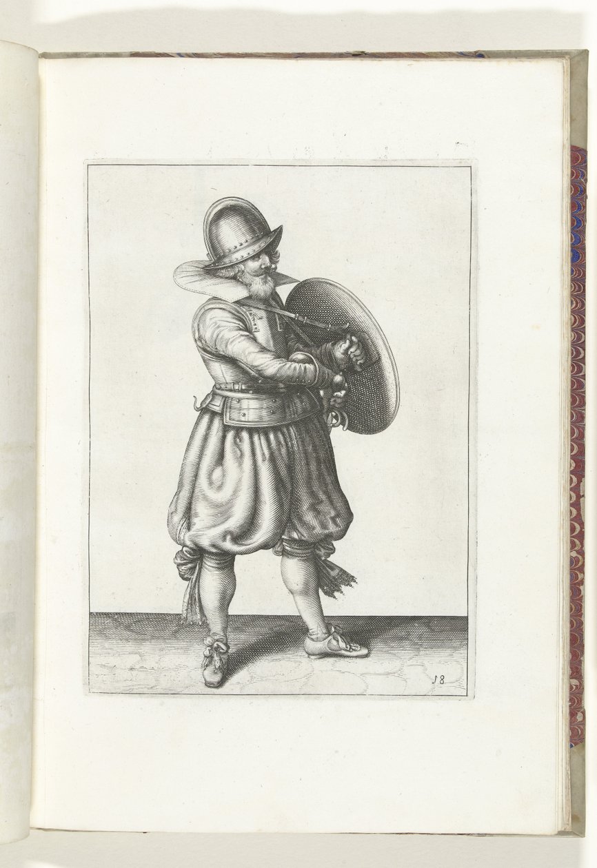 使用盾牌和长矛的练习：士兵从盾牌后拔出剑（第 18 号），1618 年
De Nassausche Wapen-Handelinge, van Schilt, Spies, Rappier ende Targe : beyde figuerlick afgebebeelt, ende gestelt na de neuwe ordening [van] (...) Maurits v 作者 亚当·范·布雷恩