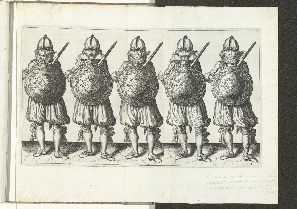 盾与矛的练习：五名士兵并排站立，右手持剑，胸前持盾（编号 32），1618 年
De Nassausche Wapen-Handelinge, van Schilt, Spies, Rappier ende Targe : beyde figuerlick afgebebebeelt 作者 亚当·范·布雷恩