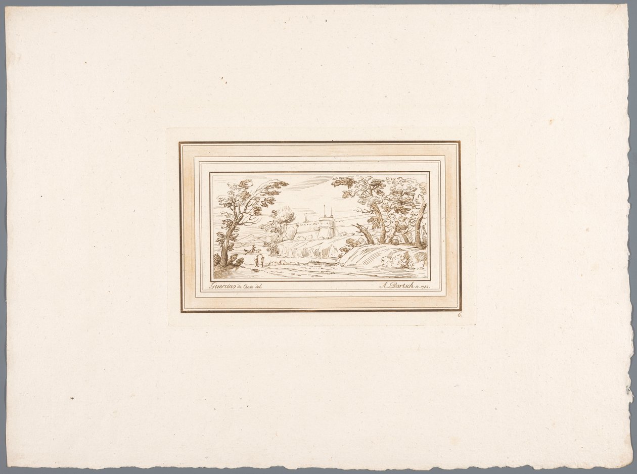 有堡垒墙的河流风景
根据保存在维也纳 Hofbibliothek 的 Guercino 素描绘制的版画（系列名称）
Recueil d