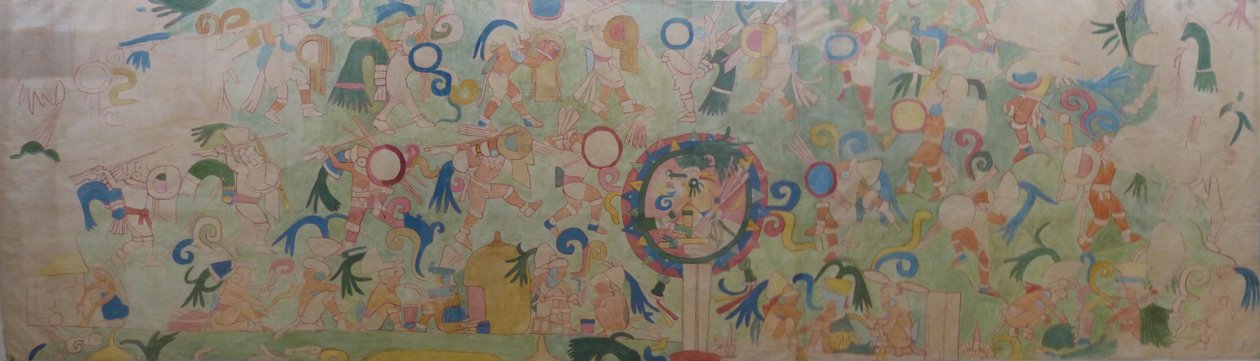奇琴伊察美洲虎寺的SW侧壁画的一部分。 1907年左右，在ChichénItzá的Adela Breton画的水彩画，在布里斯托尔博物馆和艺术画廊的收藏中 作者 阿黛拉·布雷顿（Adela Breton）
