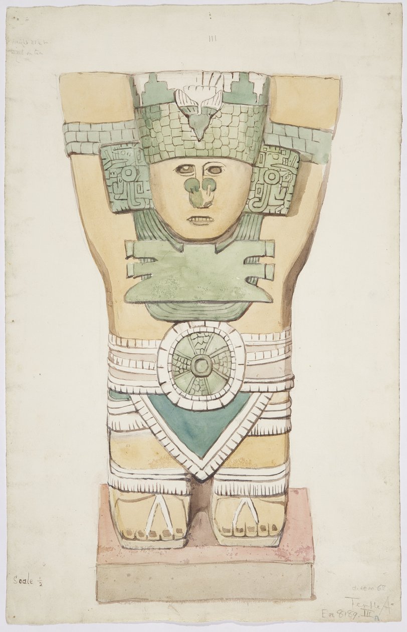 Caryatid III，外室，美洲虎上庙（A庙），墨西哥奇琴伊察（水彩） 作者 阿黛拉·布雷顿（Adela Breton）