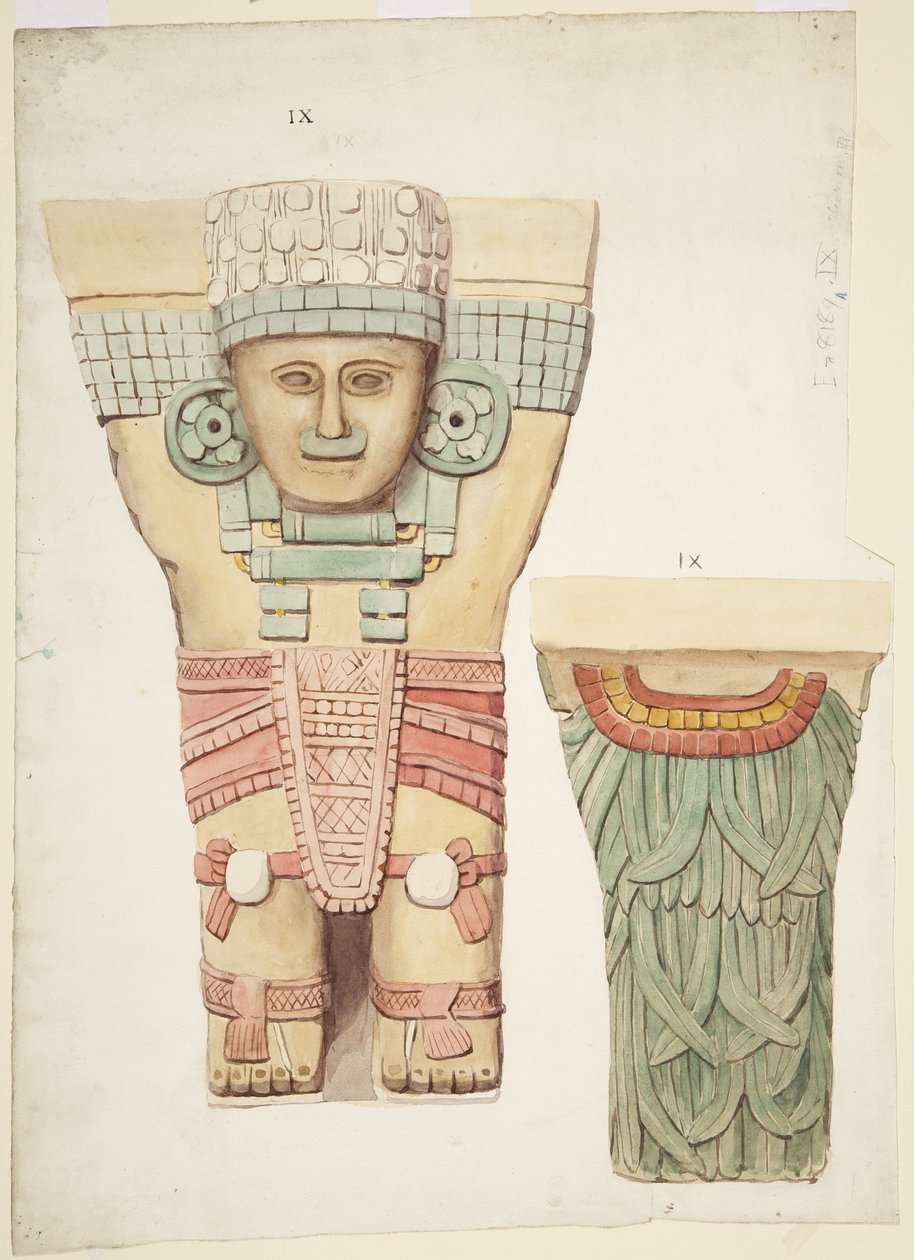 Caryatid IX，显示前视图和后视图（较小比例的后视图）（水彩） 作者 阿黛拉·布雷顿（Adela Breton）