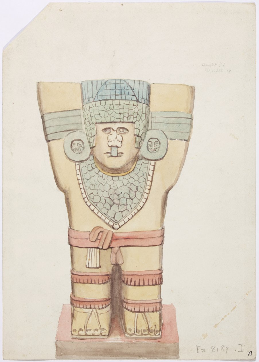 Caryatid I，外室，美洲虎上庙（A 庙），墨西哥奇琴伊察（水彩） 作者 阿黛拉·布雷顿（Adela Breton）