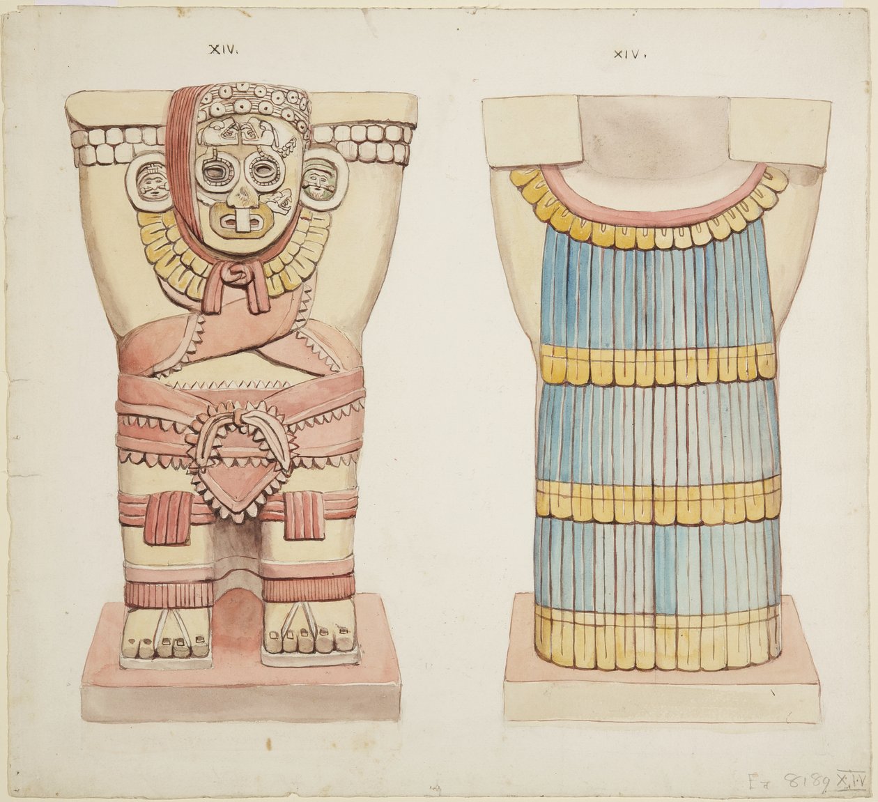 Caryatid XIV 外室，美洲虎上庙（A 庙），大球场，奇琴伊察，墨西哥（水彩） 作者 阿黛拉·布雷顿（Adela Breton）