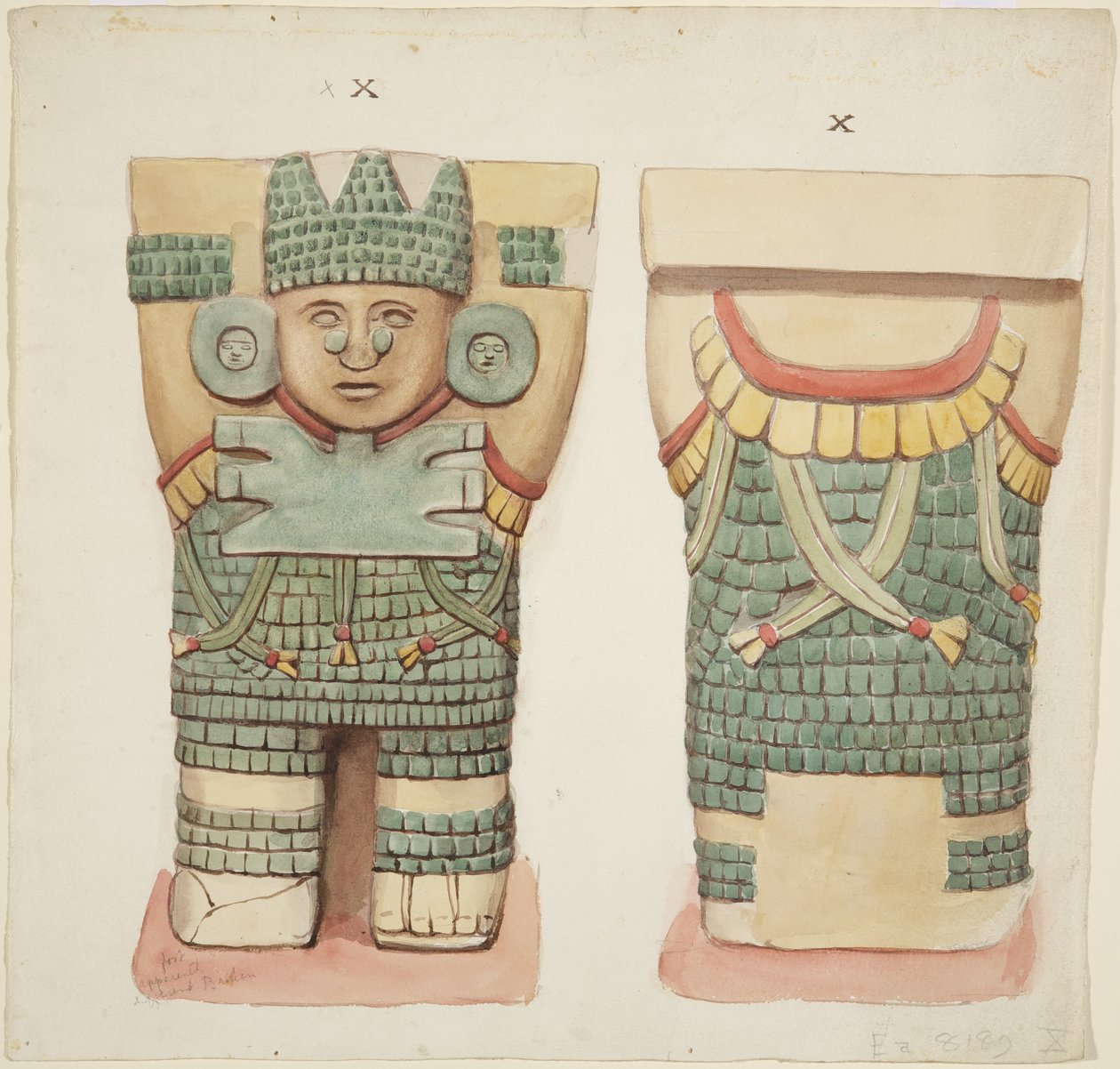 Caryatid X，显示正面和背面视图（水彩） 作者 阿黛拉·布雷顿（Adela Breton）