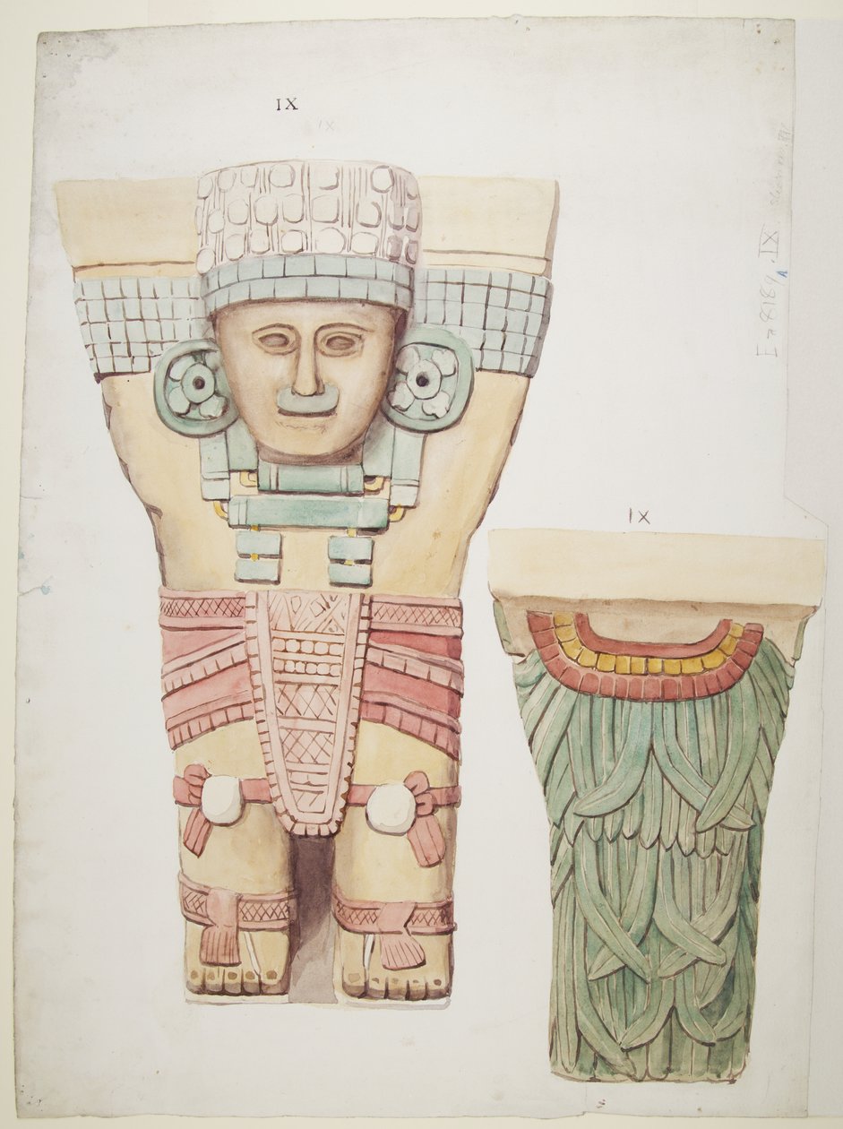 墨西哥Chichen Itza 球场A庙外室的卡利亚特（水彩画 作者 阿黛拉·布雷顿（Adela Breton）