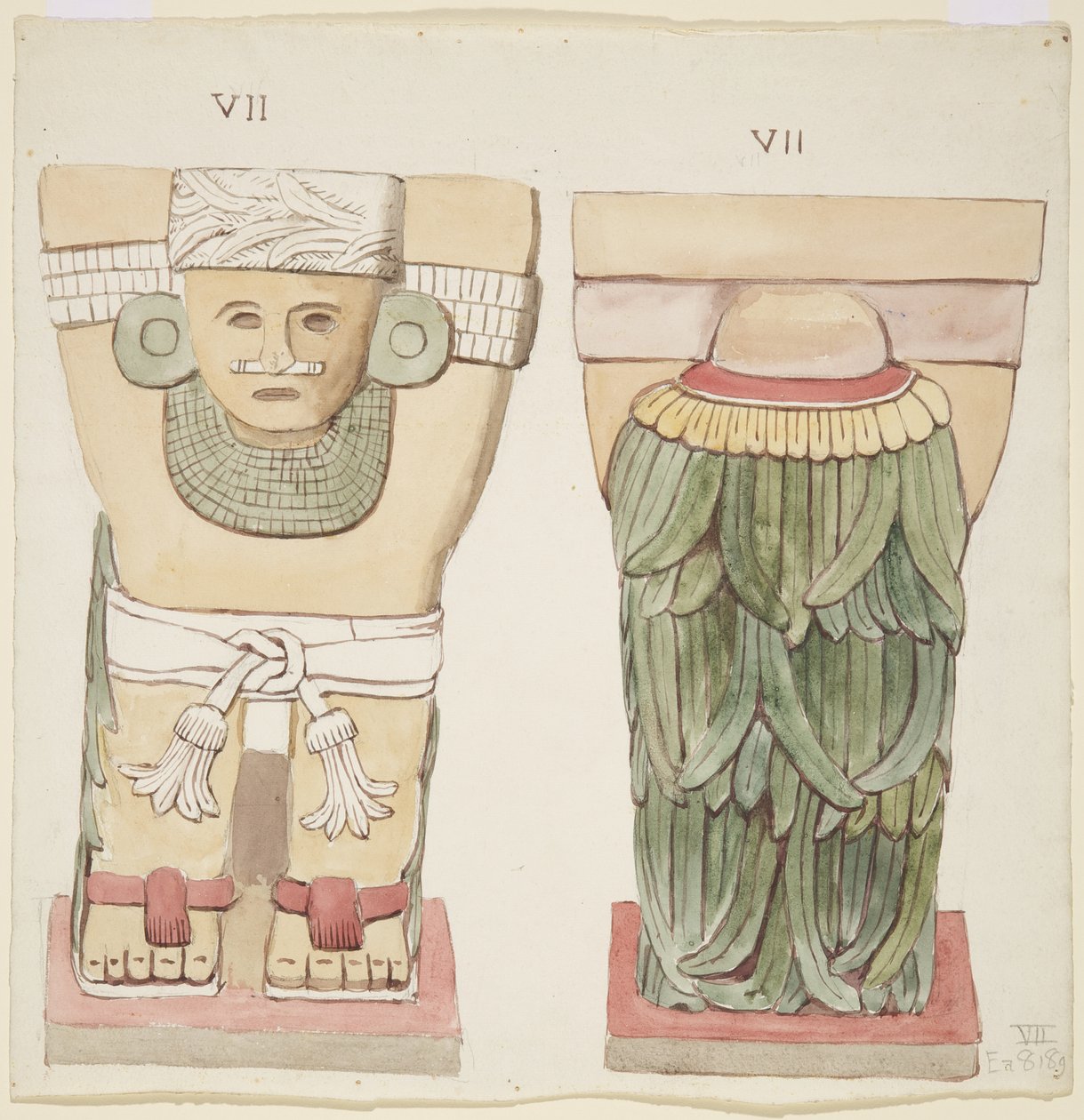 Caryatid from the outer chamber, Temple A, ball court, Chichen Itza, Mexico (watercolor) 作者 阿黛拉·布雷顿（Adela Breton）