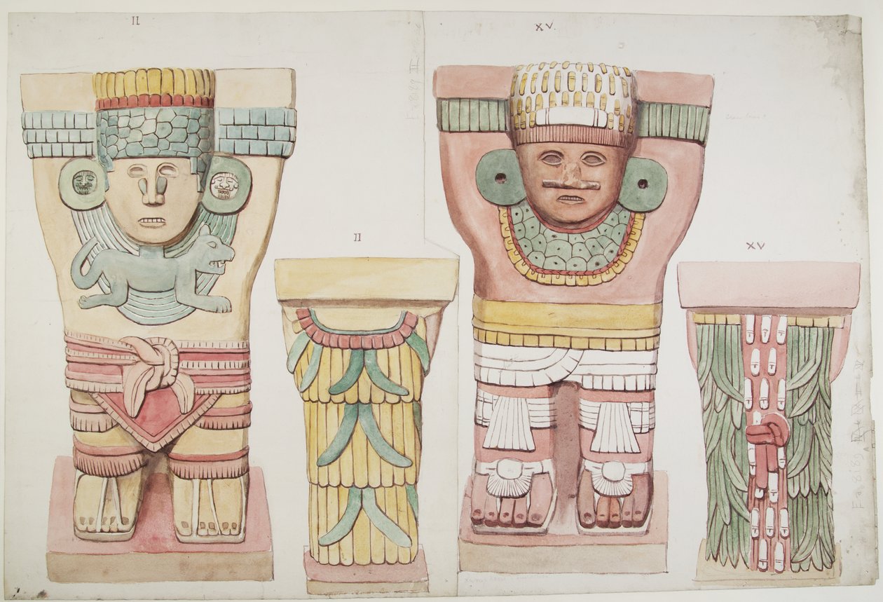 Caryatids II 和 XV，来自墨西哥奇琴伊察的美洲虎上殿外室（水彩） 作者 阿黛拉·布雷顿（Adela Breton）